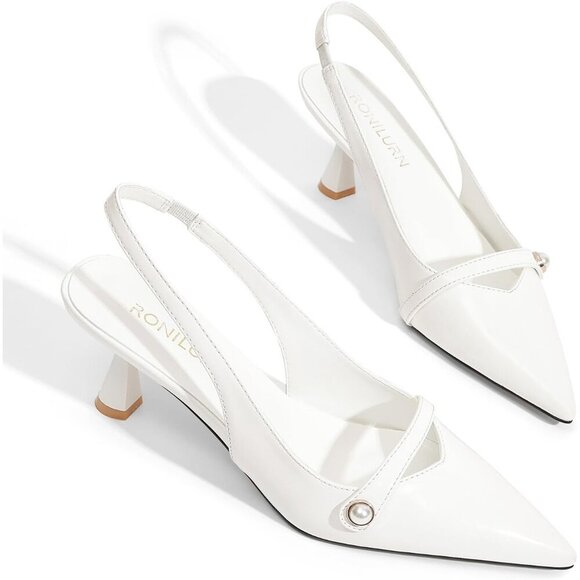 🆕 Women White Polyurethane Kitten Heels Slingback Pearl Pumps - Picture 5 of 8